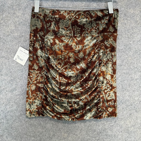 Free People Floral Velvet Mini Skirt Medium Rust Ruched Velour Pull On Stretch - Picture 6 of 11